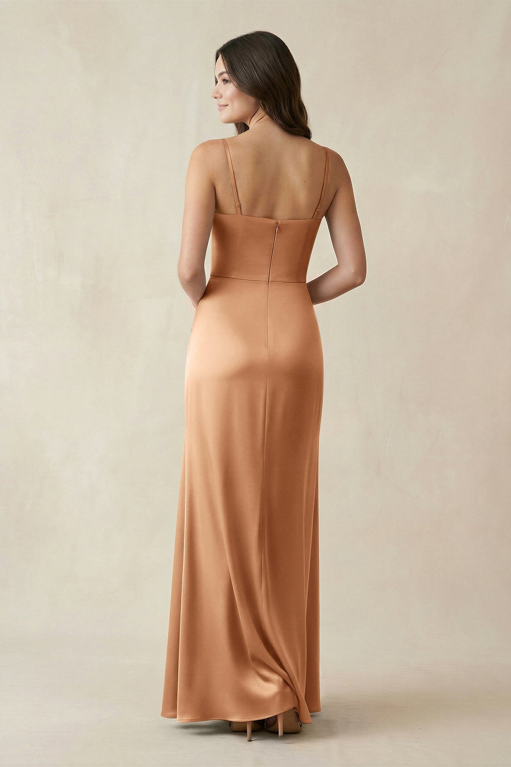 Spaghetti Strap Ruched Sheath Satin Bridesmaid Dress in Bronzer - KissProm Bridesmaid Dresses