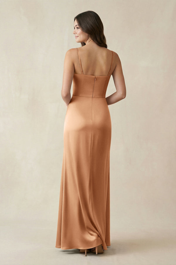 Spaghetti Strap Ruched Sheath Satin Bridesmaid Dress in Bronzer - KissProm Bridesmaid Dresses