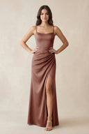 Spaghetti Strap Ruched Sheath Satin Bridesmaid Dress in Brown - KissProm Bridesmaid Dresses
