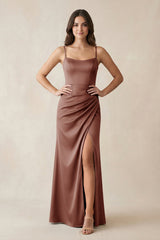 Spaghetti Strap Ruched Sheath Satin Bridesmaid Dress in Brown - KissProm Bridesmaid Dresses