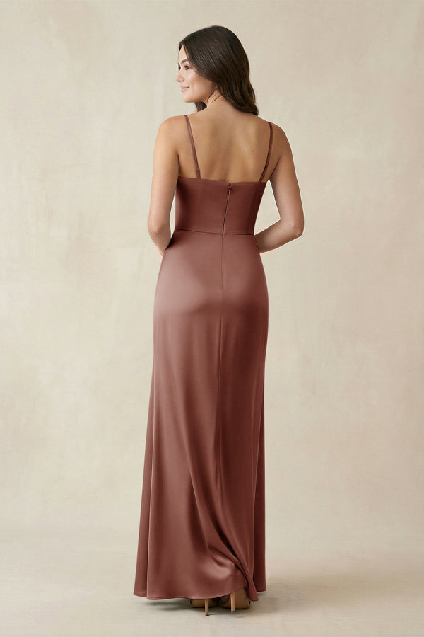 Spaghetti Strap Ruched Sheath Satin Bridesmaid Dress in Brown - KissProm Bridesmaid Dresses