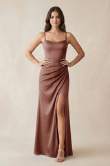 Spaghetti Strap Ruched Sheath Satin Bridesmaid Dress in Brown - KissProm Bridesmaid Dresses