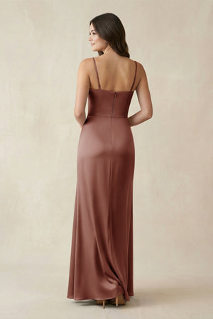Spaghetti Strap Ruched Sheath Satin Bridesmaid Dress in Brown - KissProm Bridesmaid Dresses