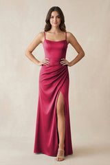 Spaghetti Strap Ruched Sheath Satin Bridesmaid Dress in Burgundy - KissProm Bridesmaid Dresses