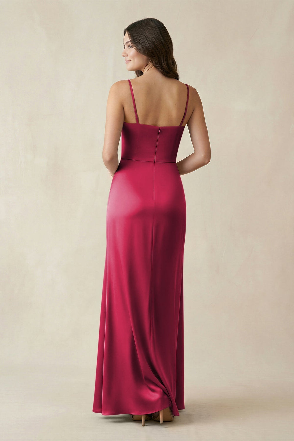 Spaghetti Strap Ruched Sheath Satin Bridesmaid Dress in Burgundy - KissProm Bridesmaid Dresses