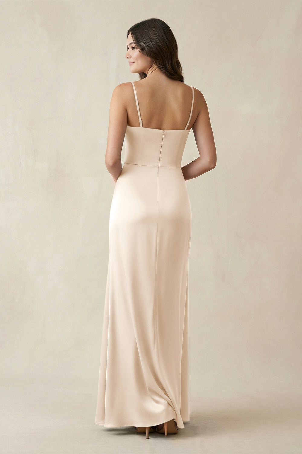 Spaghetti Strap Ruched Sheath Satin Bridesmaid Dress in Buttercream - KissProm Bridesmaid Dresses