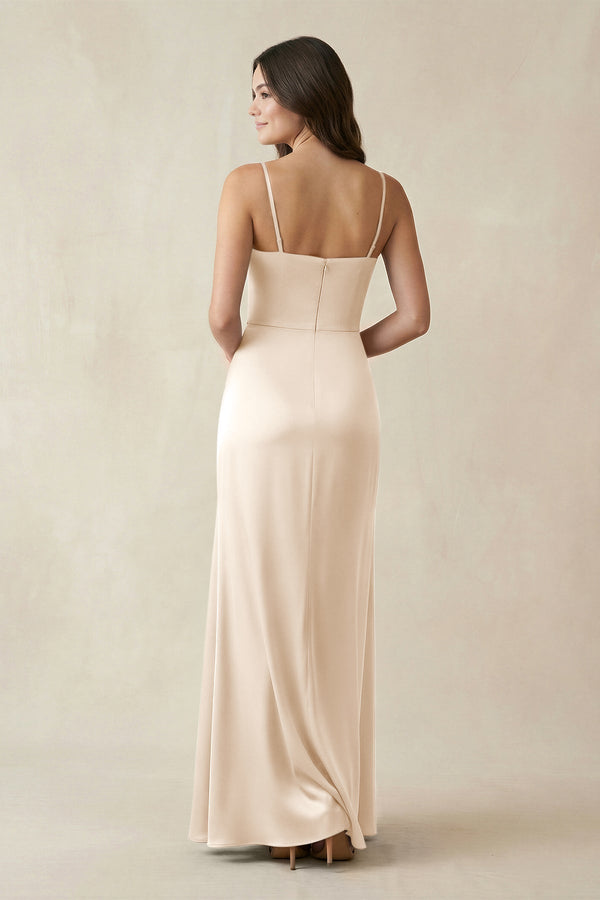 Spaghetti Strap Ruched Sheath Satin Bridesmaid Dress in Buttercream - KissProm Bridesmaid Dresses