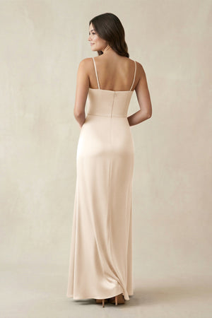 Spaghetti Strap Ruched Sheath Satin Bridesmaid Dress in Buttercream - KissProm Bridesmaid Dresses