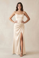 Spaghetti Strap Ruched Sheath Satin Bridesmaid Dress in Buttercream - KissProm Bridesmaid Dresses