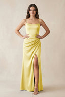 Spaghetti Strap Ruched Sheath Satin Bridesmaid Dress in Buttercup - KissProm Bridesmaid Dresses