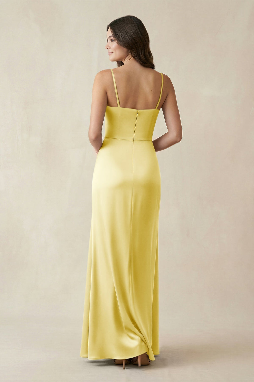 Spaghetti Strap Ruched Sheath Satin Bridesmaid Dress in Buttercup - KissProm Bridesmaid Dresses