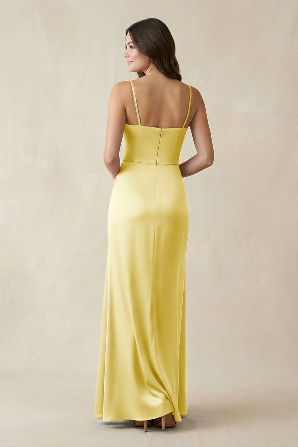 Spaghetti Strap Ruched Sheath Satin Bridesmaid Dress in Buttercup - KissProm Bridesmaid Dresses