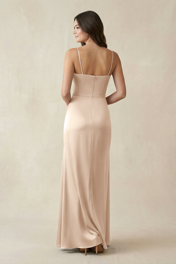 Spaghetti Strap Ruched Sheath Satin Bridesmaid Dress in Champagne - KissProm Bridesmaid Dresses
