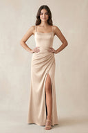 Spaghetti Strap Ruched Sheath Satin Bridesmaid Dress in Champagne - KissProm Bridesmaid Dresses
