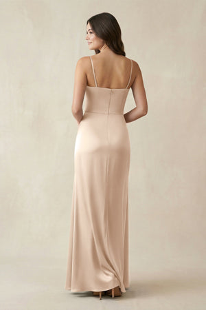 Spaghetti Strap Ruched Sheath Satin Bridesmaid Dress in Champagne - KissProm Bridesmaid Dresses