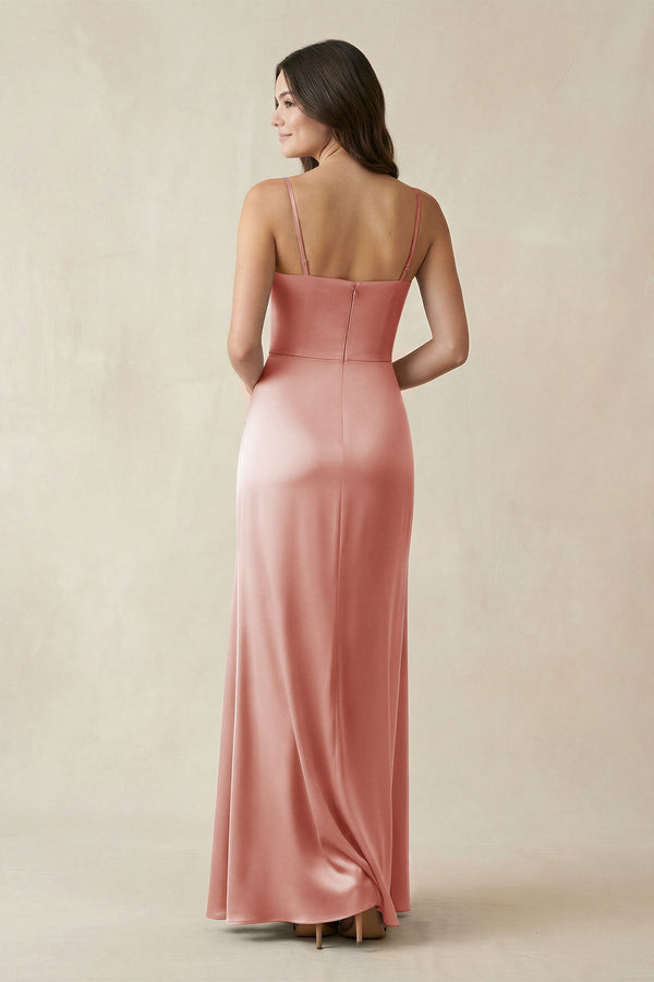 Spaghetti Strap Ruched Sheath Satin Bridesmaid Dress in Champagne Rose - KissProm Bridesmaid Dresses