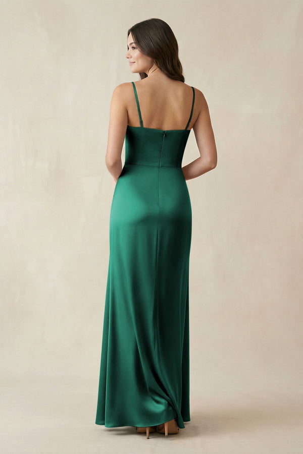 Spaghetti Strap Ruched Sheath Satin Bridesmaid Dress in Dark Green - KissProm Bridesmaid Dresses