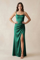 Spaghetti Strap Ruched Sheath Satin Bridesmaid Dress in Dark Green - KissProm Bridesmaid Dresses