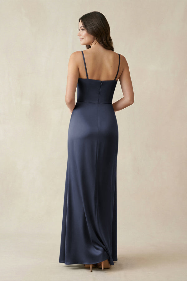Spaghetti Strap Ruched Sheath Satin Bridesmaid Dress in Dark Navy - KissProm Bridesmaid Dresses