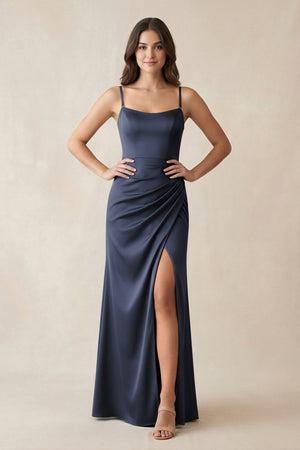 Spaghetti Strap Ruched Sheath Satin Bridesmaid Dress in Dark Navy - KissProm Bridesmaid Dresses