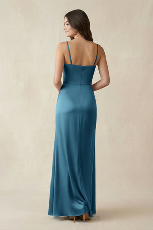 Spaghetti Strap Ruched Sheath Satin Bridesmaid Dress in Dark Teal - KissProm Bridesmaid Dresses