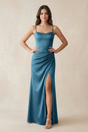 Spaghetti Strap Ruched Sheath Satin Bridesmaid Dress in Dark Teal - KissProm Bridesmaid Dresses