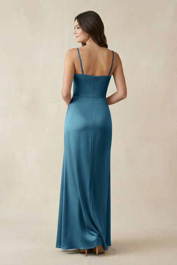 Spaghetti Strap Ruched Sheath Satin Bridesmaid Dress in Dark Teal - KissProm Bridesmaid Dresses
