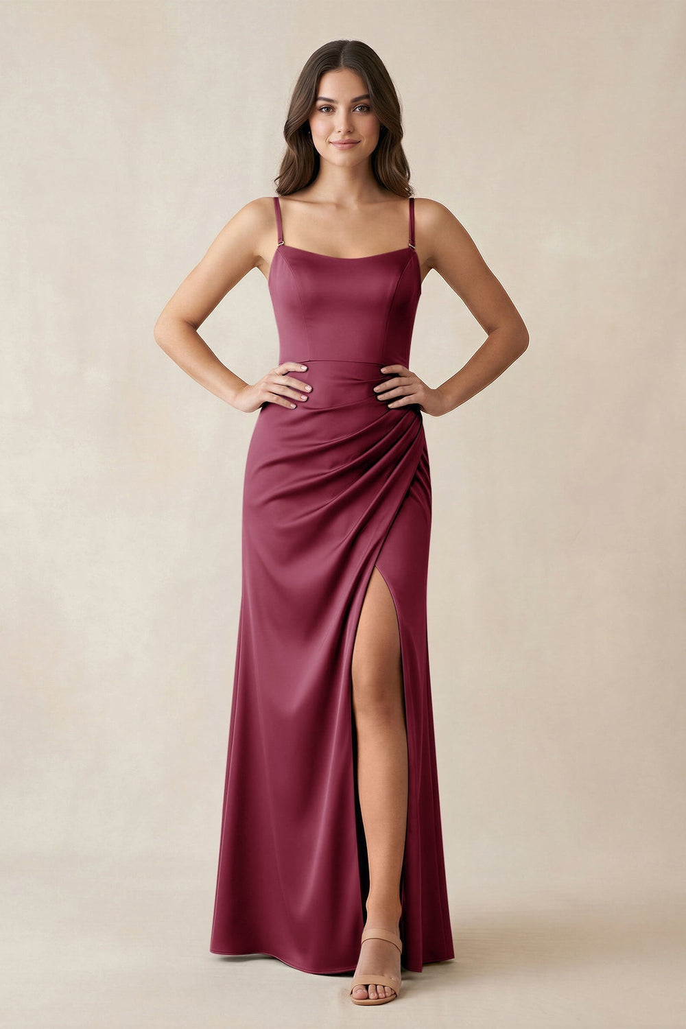 Spaghetti Strap Ruched Sheath Satin Bridesmaid Dress in Desert Rose - KissProm Bridesmaid Dresses