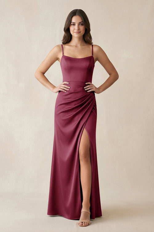 Spaghetti Strap Ruched Sheath Satin Bridesmaid Dress in Desert Rose - KissProm Bridesmaid Dresses