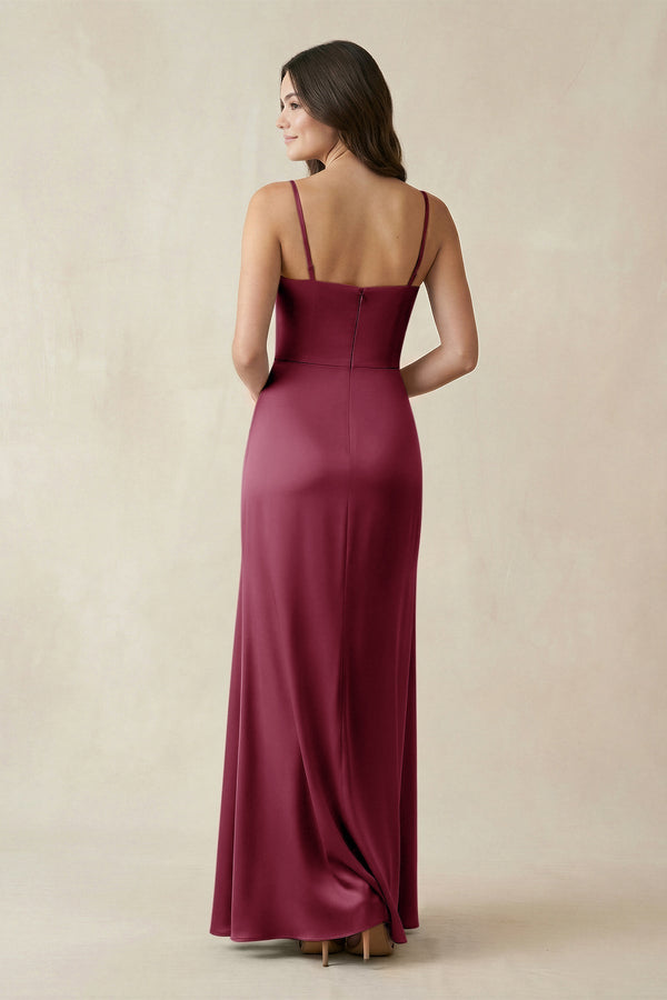 Spaghetti Strap Ruched Sheath Satin Bridesmaid Dress in Desert Rose - KissProm Bridesmaid Dresses