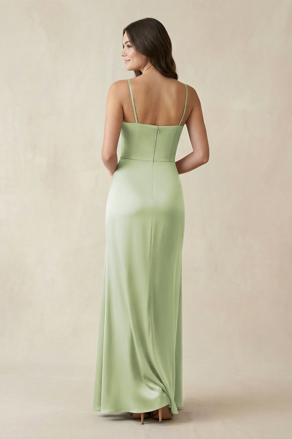 Spaghetti Strap Ruched Sheath Satin Bridesmaid Dress in Dusty Sage - KissProm Bridesmaid Dresses