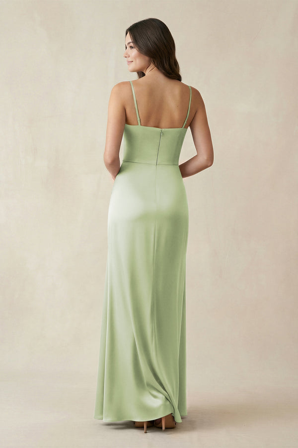 Spaghetti Strap Ruched Sheath Satin Bridesmaid Dress in Dusty Sage - KissProm Bridesmaid Dresses