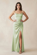 Spaghetti Strap Ruched Sheath Satin Bridesmaid Dress in Dusty Sage - KissProm Bridesmaid Dresses