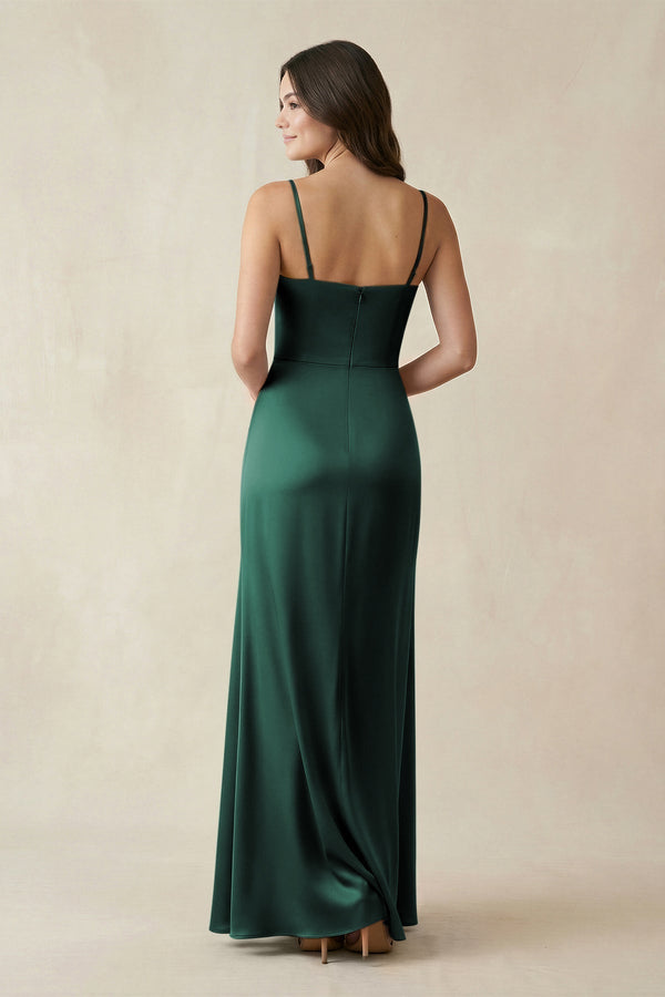 Spaghetti Strap Ruched Sheath Satin Bridesmaid Dress in Emerald - KissProm Bridesmaid Dresses