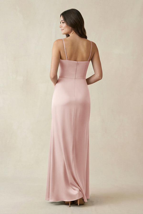 Spaghetti Strap Ruched Sheath Satin Bridesmaid Dress in English Rose - KissProm Bridesmaid Dresses