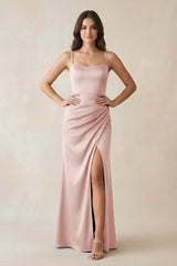 Spaghetti Strap Ruched Sheath Satin Bridesmaid Dress in English Rose - KissProm Bridesmaid Dresses