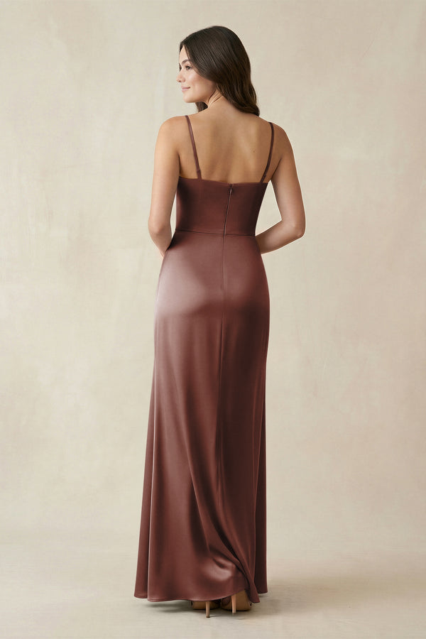 Spaghetti Strap Ruched Sheath Satin Bridesmaid Dress in Espresso - KissProm Bridesmaid Dresses
