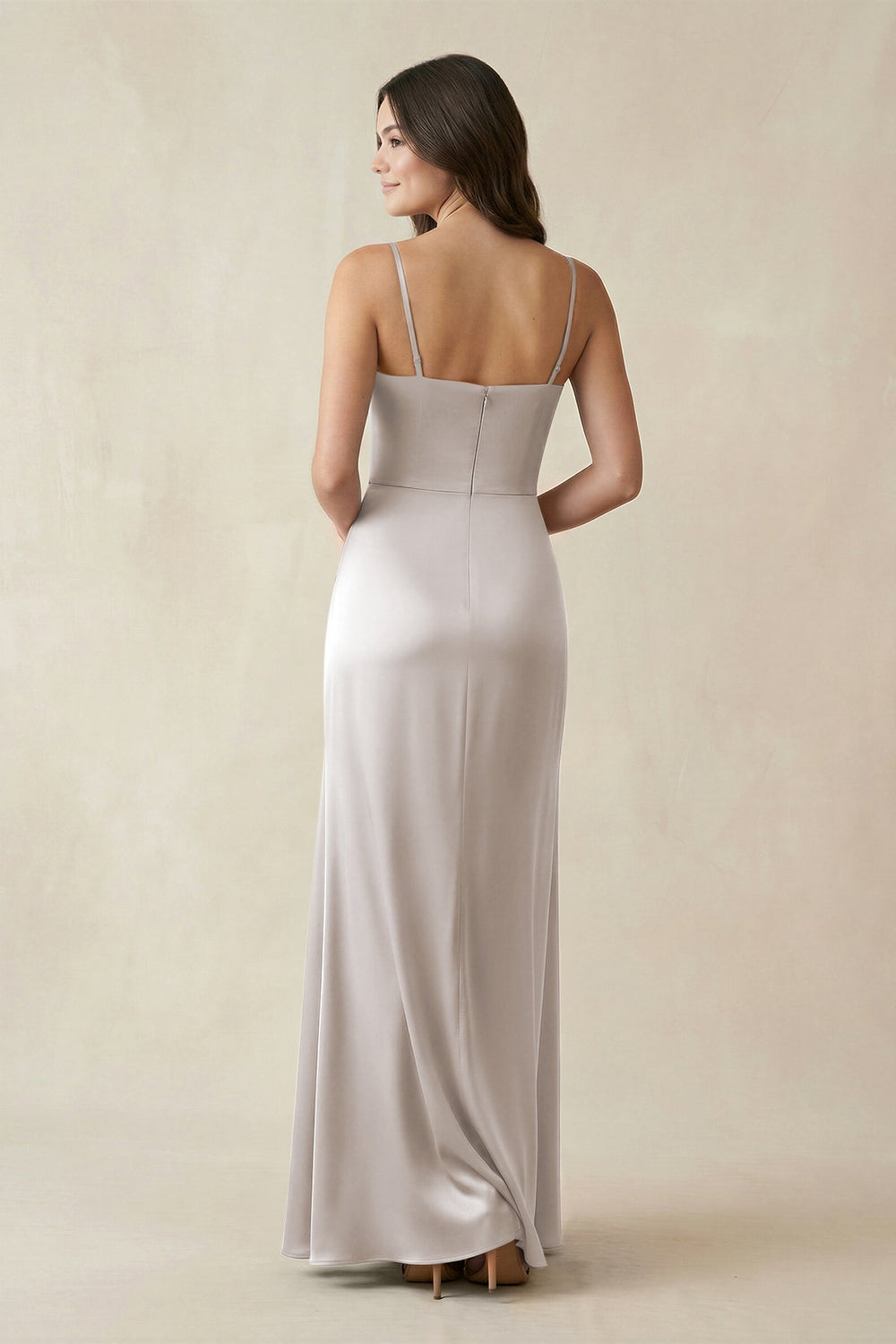 Spaghetti Strap Ruched Sheath Satin Bridesmaid Dress in Frost - KissProm Bridesmaid Dresses