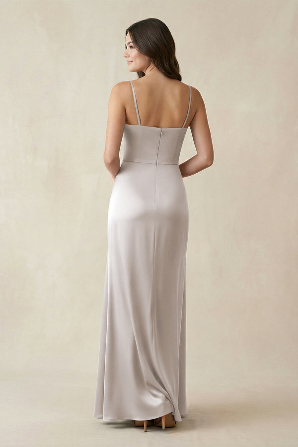 Spaghetti Strap Ruched Sheath Satin Bridesmaid Dress in Frost - KissProm Bridesmaid Dresses