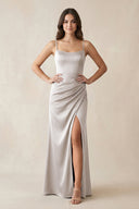 Spaghetti Strap Ruched Sheath Satin Bridesmaid Dress in Frost - KissProm Bridesmaid Dresses