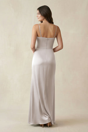 Spaghetti Strap Ruched Sheath Satin Bridesmaid Dress in Frost - KissProm Bridesmaid Dresses