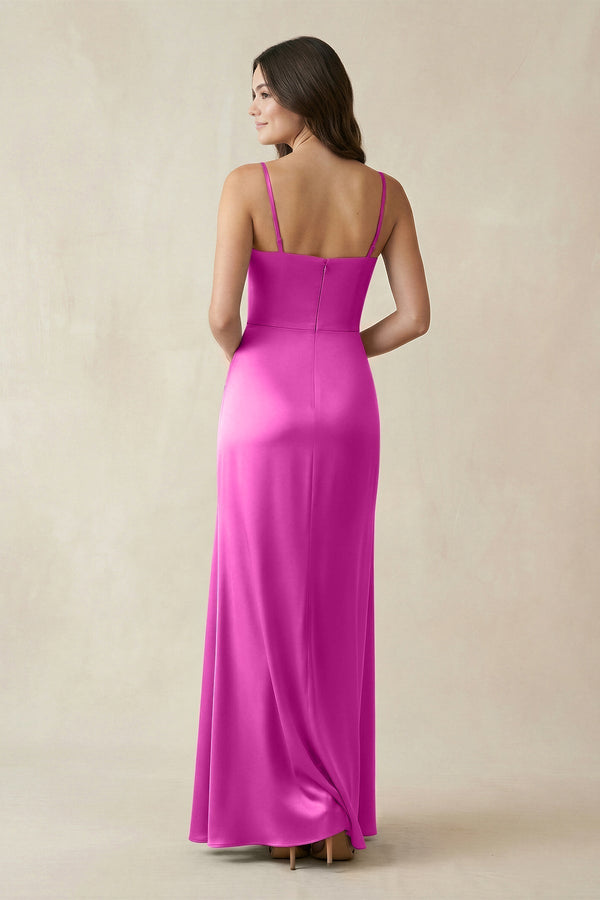Spaghetti Strap Ruched Sheath Satin Bridesmaid Dress in Fuchsia - KissProm Bridesmaid Dresses