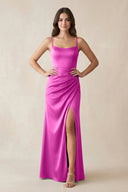 Spaghetti Strap Ruched Sheath Satin Bridesmaid Dress in Fuchsia - KissProm Bridesmaid Dresses