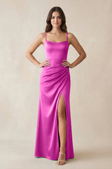 Spaghetti Strap Ruched Sheath Satin Bridesmaid Dress in Fuchsia - KissProm Bridesmaid Dresses