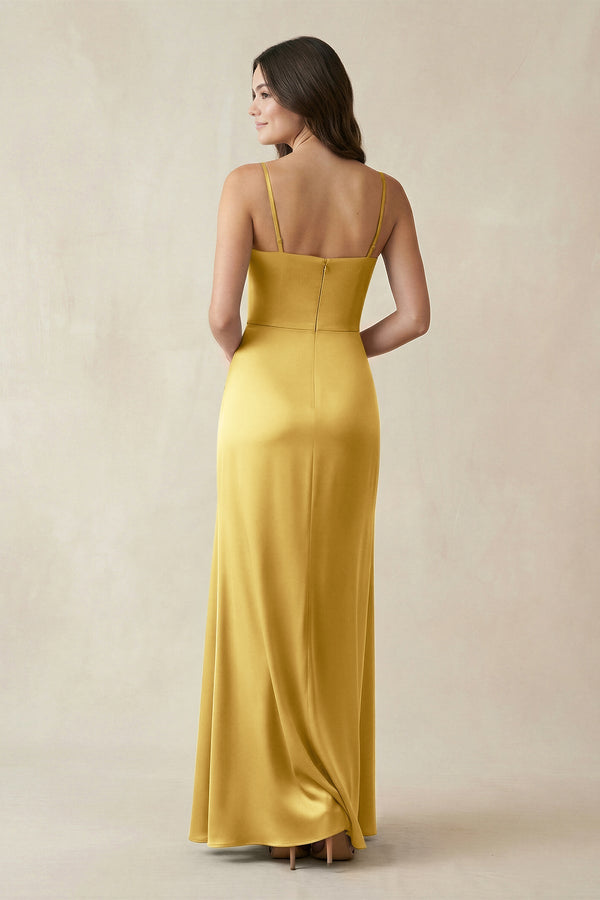 Spaghetti Strap Ruched Sheath Satin Bridesmaid Dress in Gold - KissProm Bridesmaid Dresses