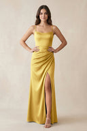 Spaghetti Strap Ruched Sheath Satin Bridesmaid Dress in Gold - KissProm Bridesmaid Dresses