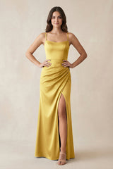 Spaghetti Strap Ruched Sheath Satin Bridesmaid Dress in Gold - KissProm Bridesmaid Dresses