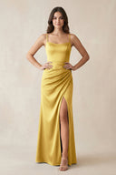 Spaghetti Strap Ruched Sheath Satin Bridesmaid Dress in Gold - KissProm Bridesmaid Dresses