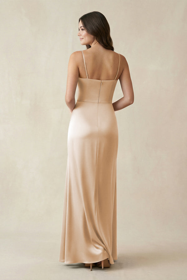 Spaghetti Strap Ruched Sheath Satin Bridesmaid Dress in Golden Champagne - KissProm Bridesmaid Dresses