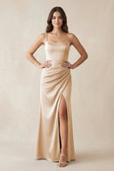 Spaghetti Strap Ruched Sheath Satin Bridesmaid Dress in Golden Champagne - KissProm Bridesmaid Dresses